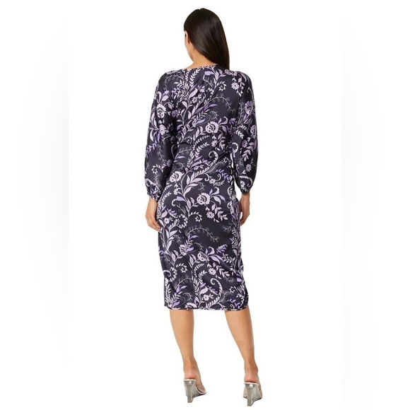 Misa Los Angeles Sylvia Indigo Vines Floral Purple Faux-Wrap Midi Dress EUC Sz S - Picture 4 of 12